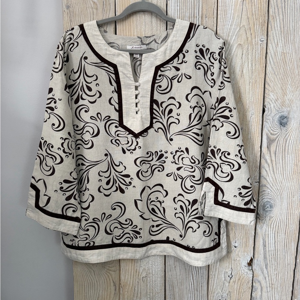 JM Collection Brown and Cream Linen Tunic Top